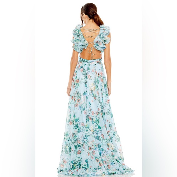 Ieena for Mac Duggal | Blue Chiffon V-Neck Sleeveless Cut-Out Lace Up Back Gown - Picture 2 of 4